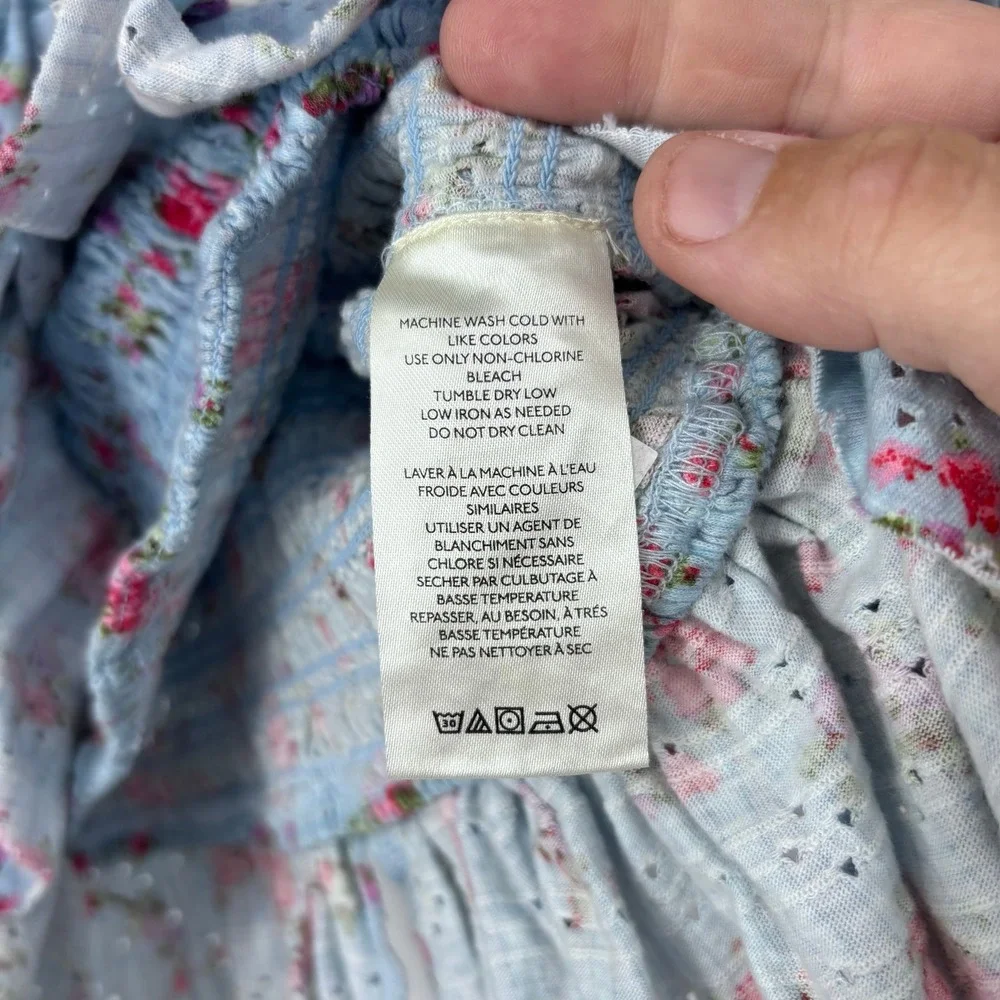 Free People Favorite Girl Floral Ruffle Smocked Top Womens XS Blue Boho Peasant